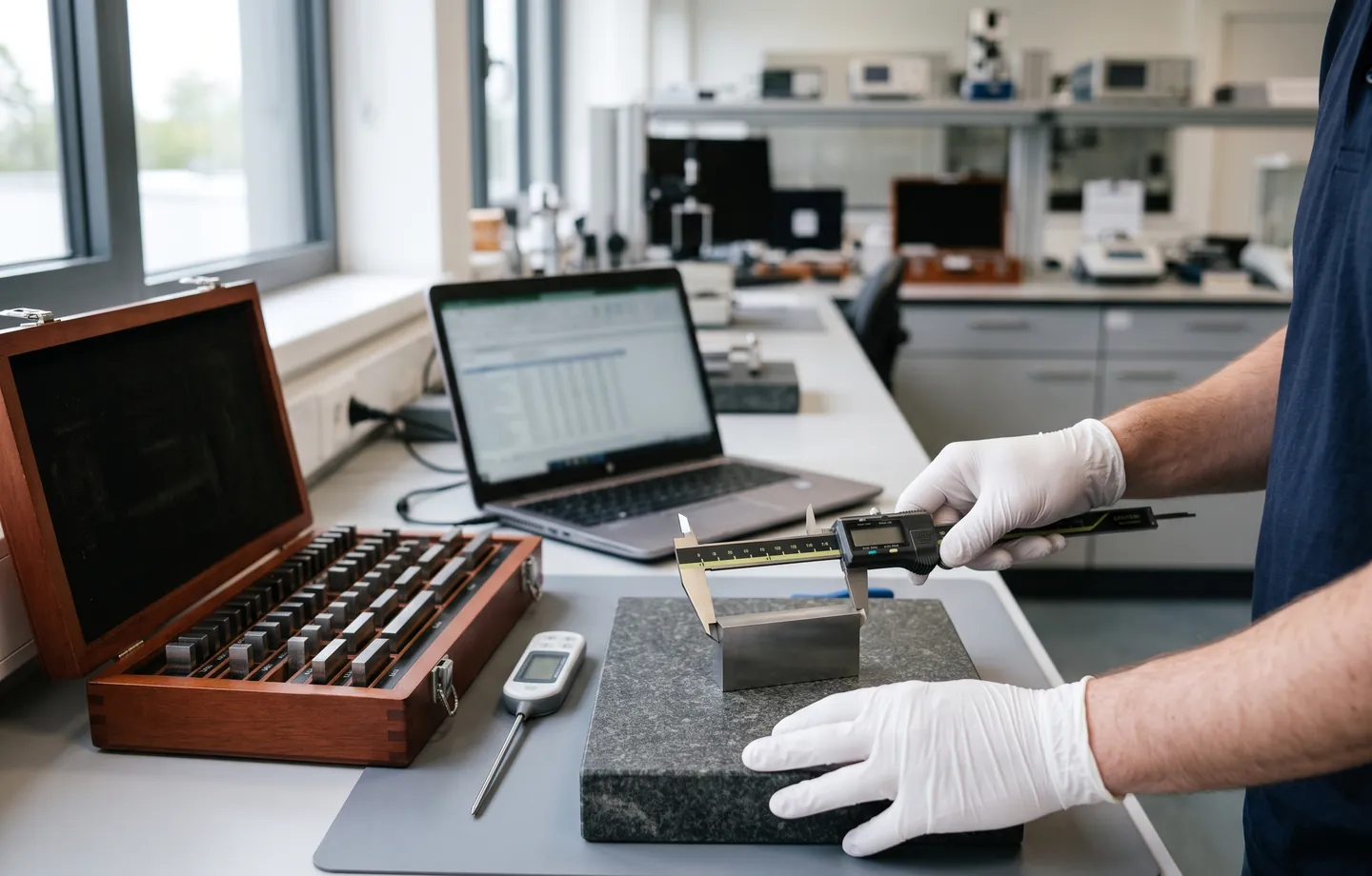 Calibration bench in a metrology laboratory: gloved hands measuring a steel gauge block with a digital caliper, a gauge block set and a laptop with a spreadsheet in the background