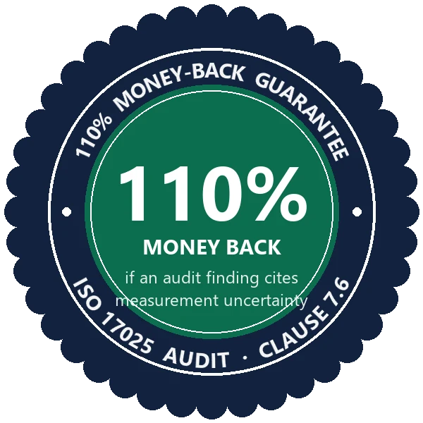 Seal: 110 percent money-back guarantee, ISO 17025 audit, Clause 7.6